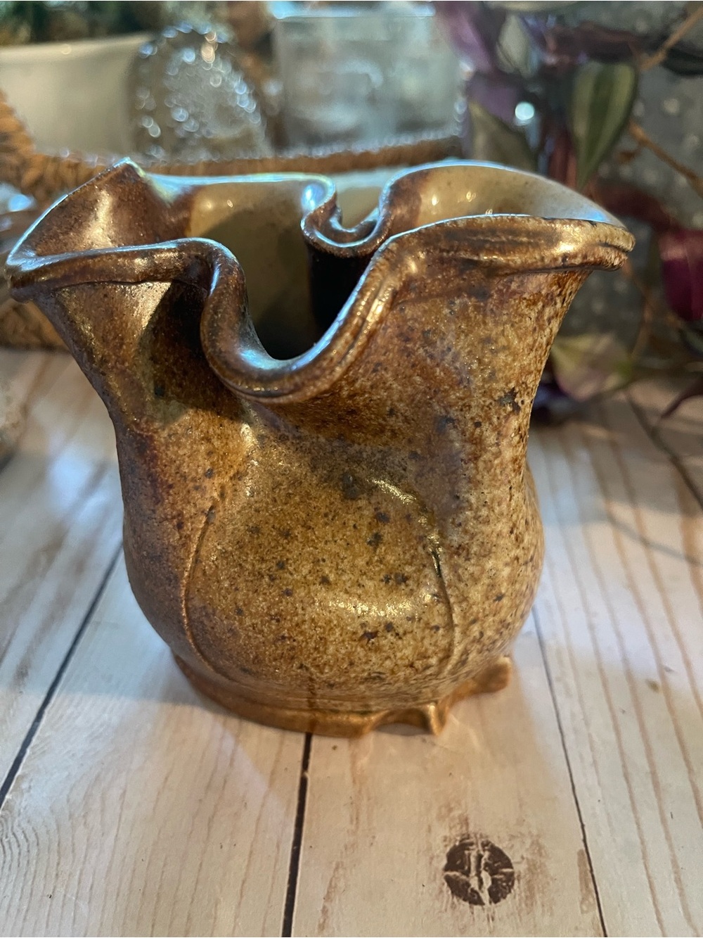 Handmade Ceramic Japanese Ruffled Vase in Speckled Brown